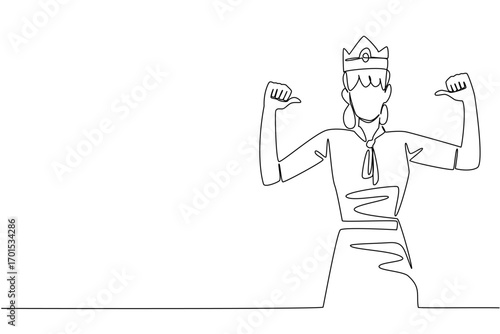 Single continuous line drawing a woman in casual clothes wearing a crown and pointing at herself with both thumbs. High self esteem. Success. Reward Yourself Day. One line design vector illustration