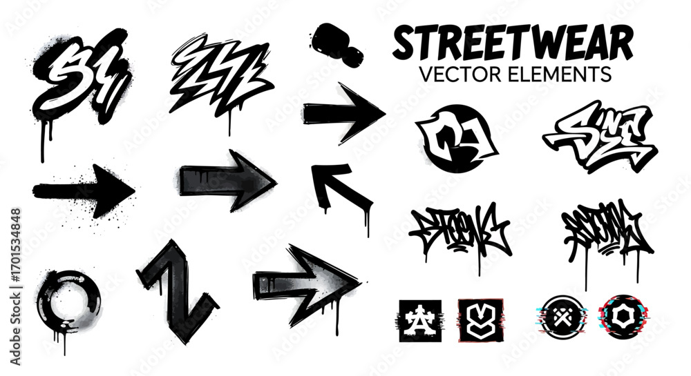 Fototapeta premium Street Style Elements Graffiti Arrows and Lettering Designs Set
