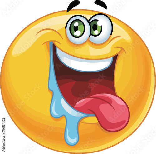 Funny drooling emoji with big smile, crazy expression, cartoon character face, silly joyful reaction emotion, flat vector illustration