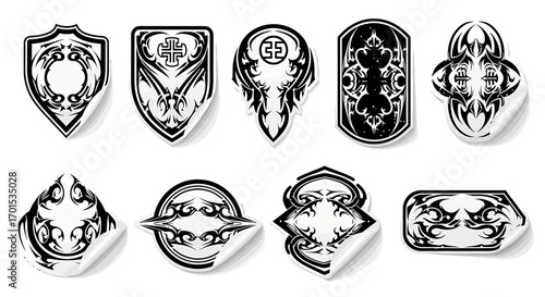 Collection of Decorative Ornamental Tribal Stickers with Curled Edges and Black and White Designs