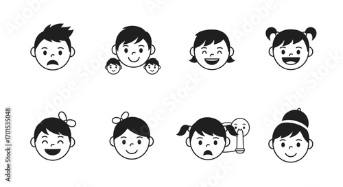Collection of cheerful and emotional children's faces in black and white graphic design