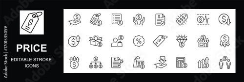  Price icons set, featuring budget calculator, expensive, cost, price down, list price, shopping insight, special offers, estimate, low price, retail, Editable stroke. Vector illustration