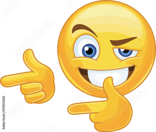 Winking emoji character making finger gun gesture, playful and confident expression, cartoon face illustration, fun emoji, flat vector illustration