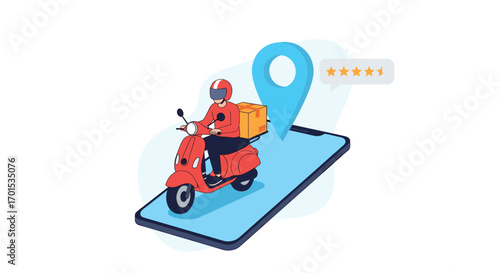Online food delivery service driver riding scooter with location pin and ratings above smartphone