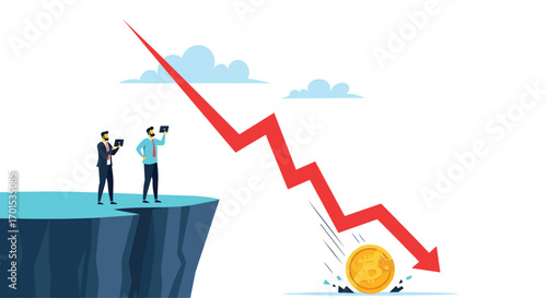 Two businessmen watch a falling stock market graph and coin roll off cliff concept illustration