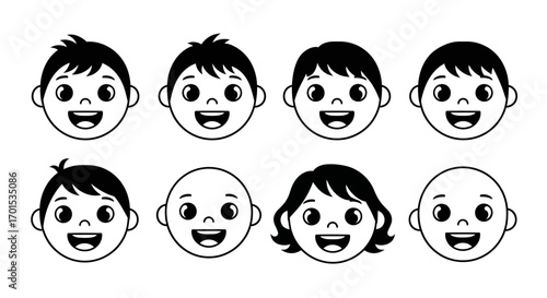 A diverse set of happy children's faces. Simple black and white line art illustrations of smiling boys, a girl, and babies, perfect for icons or avatars