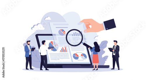 Analyzing business growth through financial data with magnifying glass and charts