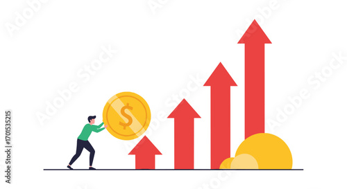 Illustration of businessman pushing gold coin up increasing red arrow graph representing financial growth and success