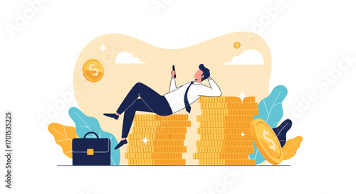 Successful businessman relaxing enjoying wealth and abundant financial success
