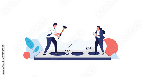 Illustrating a concept of smashing problems and finding solutions with team effort