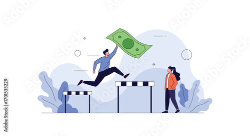 Man leaps over hurdles holding money symbolizing overcoming financial challenges for a better future
