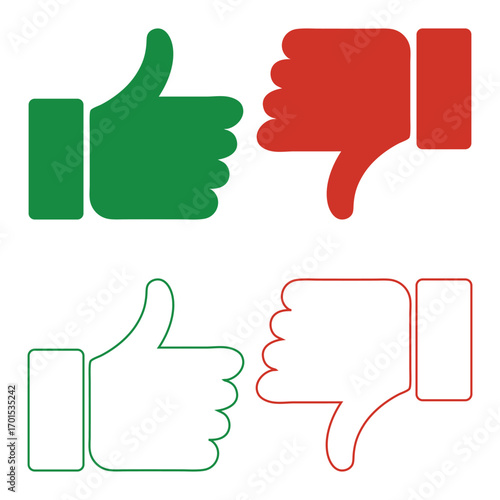 Thumbs up and thumbs down hand sign vector illustration. Like and dislike symbol icon set