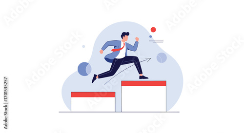 Businessman ascending stairs achieving career goals and success through determination and hard work