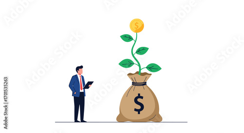 Man watching money grow from a bag symbolizing financial success and investment growth
