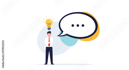 A person standing with a lightbulb above their head next to a speech bubble representing an idea or thought