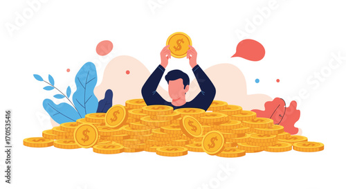 Successful businessman immersed in a vast pile of gold coins celebrating financial success and wealth accumulation