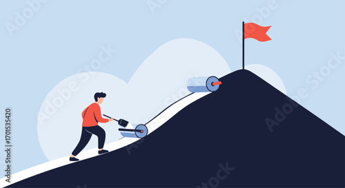 Man pushing a lawn mower uphill towards a red flag at the summit