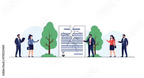 Business people tearing apart a broken contract document outdoors amongst trees