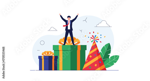 Man celebrating success on a podium surrounded by gifts and confetti a true victory