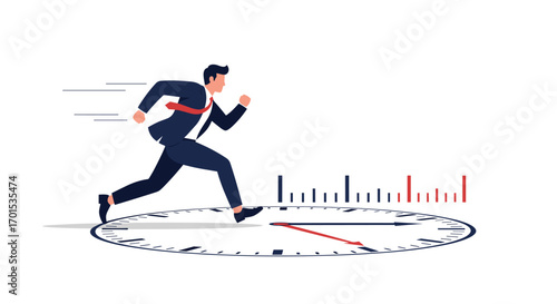 Businessman running fast on a clock face representing time management and efficiency
