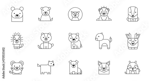 Set of cute animal character icons in a minimalist line art style. Black and white vector illustrations for modern design projects