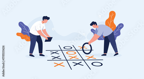 Two people playing tic tac toe strategy game with ring toss elements