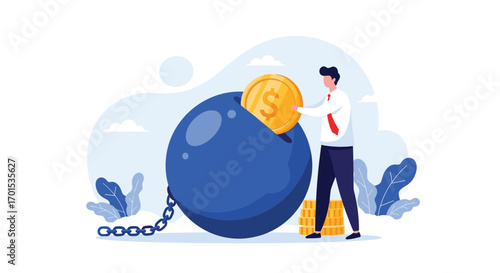 Man deposits coin into large blue ball attached to chain illustration