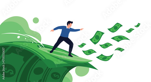 Man surfing on money riding a green wave of financial growth and prosperity