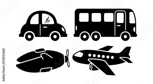 Collection of Silhouetted Vehicles including a car, bus, blimp, and airplane, perfect for transportation and travel concepts