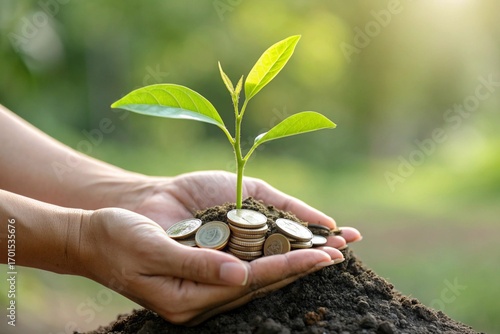 Hands carefully holding a young green plant growing from a pile of coins in rich soil with soft sunlight