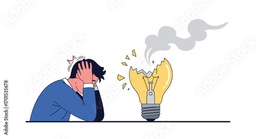 Man frustrated over broken idea lightbulb concept representing failure and lost inspiration