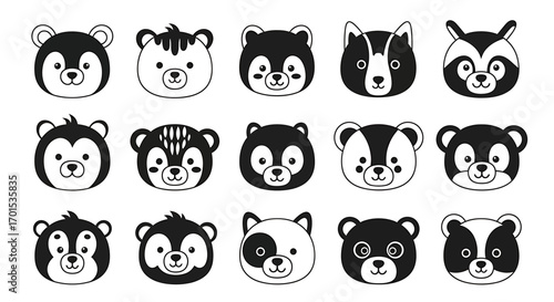 Monochrome collection of cute woodland animal faces. A set of simple vector head icons for various forest creatures like bears and badgers