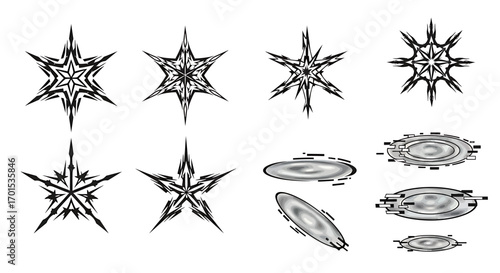 Monochrome graphic design elements collection with intricate star shapes and abstract swirling vortex patterns for creative projects