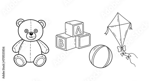 A charming collection of hand-drawn childhood toys including a plush bear, letter blocks, a simple ball, and a flying kite, perfect for coloring