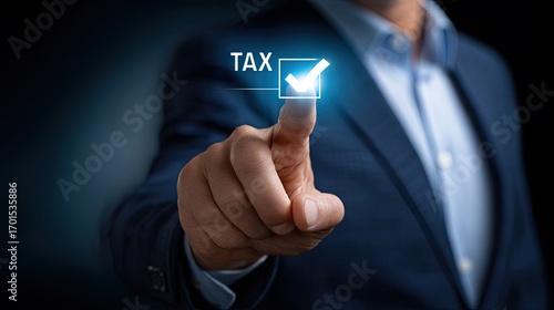 Tax concept with businessman pressing checkmark button on virtual screen, financial approval and success