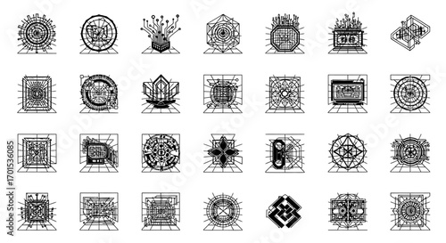 A versatile collection of thirty abstract geometric icons in a minimalist line art style, featuring intricate shapes and futuristic perspective grids