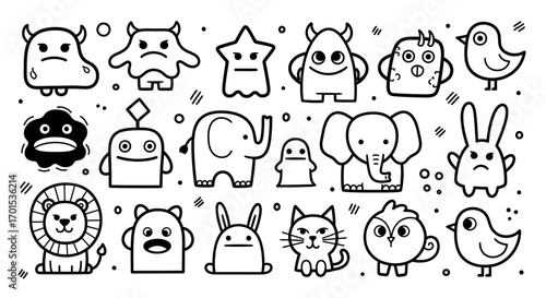 Adorable Cartoon Animals and Monsters Line Art Illustrations