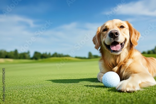 Golden Retriever Relaxing on Golf Course with Ball
