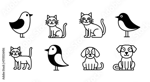 A charming collection of minimalist pet icons, featuring simple black and white line art of cats, dogs, and birds, perfect for various design projects