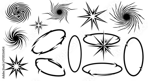 Dynamic Black and White Abstract Graphic Elements Set Featuring Swirls, Stars, and Hand-Drawn Frames for Creative Design Projects and Visual Impact