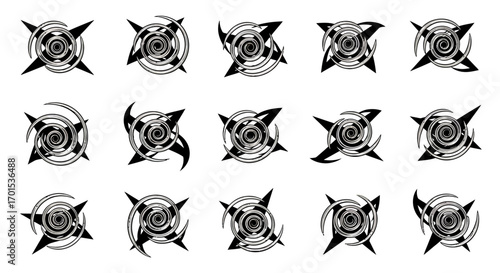 Dynamic collection of abstract graphic elements, featuring swirling patterns and pointed designs that evoke concepts of energy, motion, and visual impact in modern art