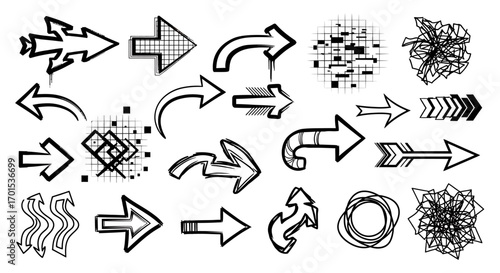 Big set of black hand-drawn arrow icons and pointers in a creative doodle style, perfect for indicating direction and flow in design
