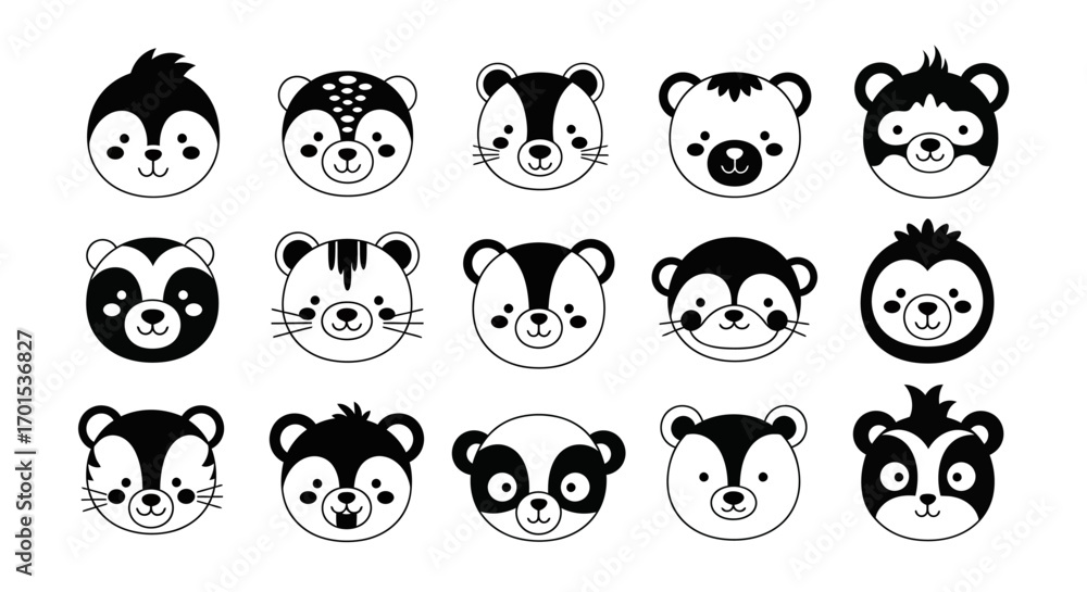 Fototapeta premium Adorable Collection of Minimalist Black and White Animal Face Avatars for Modern Design Projects and Cute Digital Illustrations