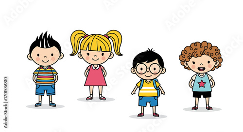 Adorable cartoon kids representing diversity, ready for school and playful adventures