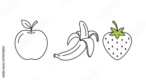 Simple Fruit Trio An Apple, Banana, and Strawberry in Black and White Outline