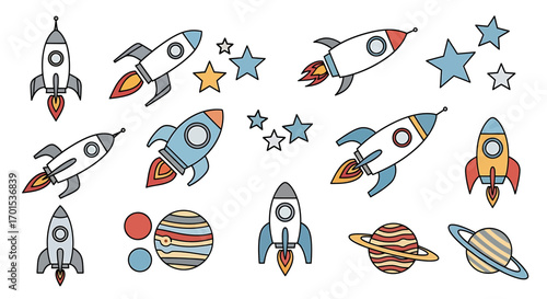 A collection of colorful cartoon rockets and planets, perfect for space-themed designs and children's illustrations