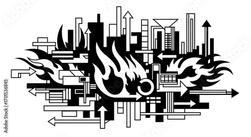 Abstract Cityscape with Fiery Flames A Black and White Graphic Design