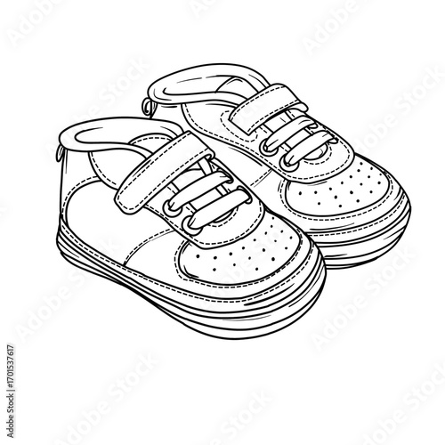 A charming line art illustration of two baby shoes, featuring both laces and velcro straps for secure and comfortable fit.