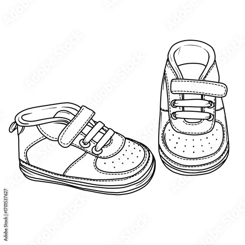 A detailed line art illustration featuring a pair of baby shoes, showcasing their design and texture in a simple, elegant style.