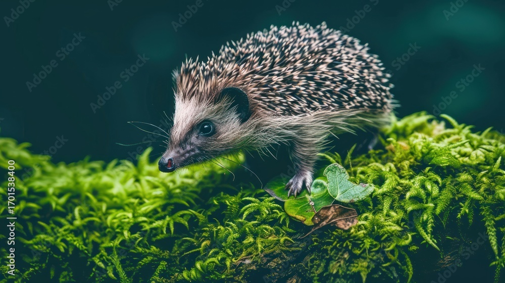 Fototapeta premium Hedgehog Walking on Green Moss with Leaf in Natural Forest Setting